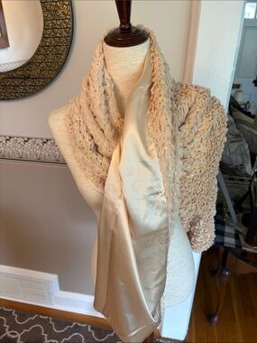 NEW Cream Knit Scarf wSatin Panel and Gold Sequin Accents very soft high quality